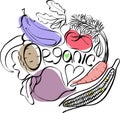 Beautiful bright graphic Scandinavian pattern of organic vegetables: potato, tomato, beetroot, shallot, eggplant, corn, carrot