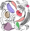 Beautiful bright graphic Scandinavian pattern of organic vegetables: potato, tomato, beetroot, shallot, eggplant, corn, carrot