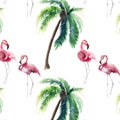 Beautiful bright green lovely wonderful hawaii floral summer pattern of a tropical green palm trees and tender pink flamingoes wat