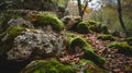 Beautiful Bright Green moss grown up cover the rough stones and on the floor in the forest. Royalty Free Stock Photo