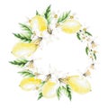 Beautiful bright Lemons, Flowers and Leaves, Watercolor wreath .Fruits.