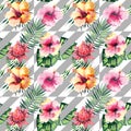 Beautiful bright lovely abstract colorful tropical hawaii floral herbal summer pattern of tropical flowers hibiscus orchids and pa