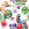 Beautiful bright lovely colorful tropical hawaii floral herbal summer pattern of tropical flowers hibiscus and orchids, palms leav