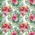 Beautiful bright lovely colorful tropical hawaii floral herbal summer pattern of tropical flowers hibiscus orchids and palms leave Royalty Free Stock Photo