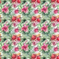 Beautiful bright lovely colorful tropical hawaii floral herbal summer pattern of tropical flowers hibiscus orchids and palms leave Royalty Free Stock Photo