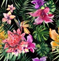 Beautiful bright lovely colorful tropical hawaii floral herbal summer pattern of tropical flowers hibiscus orchids and palms leave Royalty Free Stock Photo