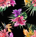 Beautiful bright lovely colorful tropical hawaii floral herbal summer pattern of tropical flowers hibiscus orchids and palms leave