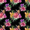 Beautiful bright lovely colorful tropical hawaii floral herbal summer pattern of tropical flowers hibiscus orchids and palms leave Royalty Free Stock Photo