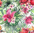 Beautiful bright lovely colorful tropical hawaii floral herbal summer pattern of tropical flowers hibiscus orchids and palms leave Royalty Free Stock Photo