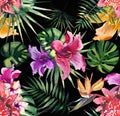 Beautiful bright lovely colorful tropical hawaii floral herbal summer pattern of tropical flowers hibiscus orchids and palms leave Royalty Free Stock Photo