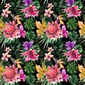 Beautiful bright lovely colorful tropical hawaii floral herbal summer pattern of tropical flowers hibiscus orchids and palms leave Royalty Free Stock Photo