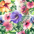 Beautiful bright lovely colorful tropical hawaii floral herbal summer pattern of tropical flowers hibiscus and palms leaves waterc