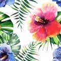 Beautiful bright lovely colorful tropical hawaii floral herbal summer pattern of tropical flowers hibiscus and palms leaves waterc