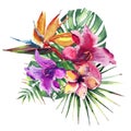 Beautiful bright lovely wonderful tropical hawaii floral herbal summer colorful composition of tropical red pink violet flowers an