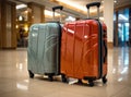 Beautiful bright multi-colored suitcases stand in a row. Theme of recreation, tourism and travel