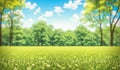 Beautiful bright natural image of fresh grass summer spring meadow with blurred background and blue sky with clouds. Summer nature