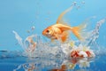 Beautiful bright orange goldfish jumps out over clear water among bubbles and white flowers on blue background