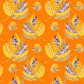 Seamless pattern Autumn leaf on a orange background. Watercolor orange and purple autumn leafs hand drawn illustration Royalty Free Stock Photo