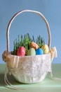Beautiful bright picture with Easter eggs in a basket Royalty Free Stock Photo