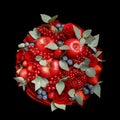 Beautiful bright red edible bouquet of fruits and flowers on a black background