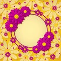 Beautiful bright round frame with 3d pink and purple paper cut out flowers on yellow background