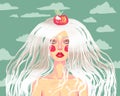 Beautiful bright stylish illustration. Portrait of a beautiful young woman or girl with blond long hair and with an apple on her