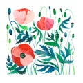 Beautiful bright summer pattern of red poppies with green leaves and heads