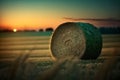 Beautiful bright sun rays under horizon over the field after harvesting. Straw bales.generative AI