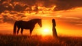 A beautiful bright sunset at golden hour highlights the silhouettes of a beautiful girl and a horse in a field