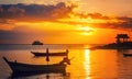 Beautiful bright sunset on the shore of a tropical beach, colorful sky, Thailand