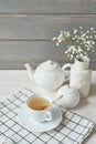 Beautiful bright tea set up. White ceramic tea pots and tea ingredients, on top of the white table. Copy Space. Spring Greeting Royalty Free Stock Photo