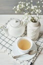 Beautiful bright tea set up. White ceramic tea pots and tea ingredients, on top of the white table. Copy Space. Spring Greeting Royalty Free Stock Photo