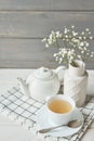 Beautiful bright tea set up. White ceramic tea pots and tea ingredients, on top of the white table. Copy Space. Spring Greeting Royalty Free Stock Photo