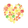 Beautiful bright tender heart of mandarines oranges lemons graipfruits watercolor hand sketch