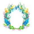 Beautiful bright watercolor floral wreath. Spring flowers crocus, muscari, daffodils, branches, leaves. Hand painted illustration Royalty Free Stock Photo