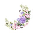 Beautiful, bright watercolor wreath with roses, peony, hudrangea and butterflies.