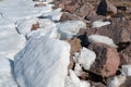 Beautiful broken ice background and granite stone top view Royalty Free Stock Photo