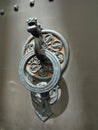Beautiful bronze door handle with mythological dragon shape with wings on old door