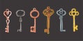 Beautiful bronze and gold decorative antique keys. Interior and decor. Vector isolated