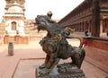 A beautiful bronze lion statue at Bhaktpur Darbur Square Royalty Free Stock Photo