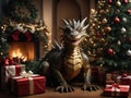 A brown and gold dragon sits near gifts in a festively decorated room