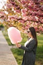 Beautiful brown hair model hold a cotton candy in hands and give a kiss. Young woman with pink cotton candy Royalty Free Stock Photo