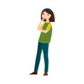 Beautiful brown-haired woman in blue pants thinking of something or making a decision. Vector illustration in flat Royalty Free Stock Photo