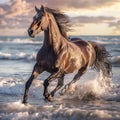 Beautiful brown horse gallops through the waves