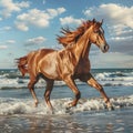 Beautiful brown horse gallops through the waves