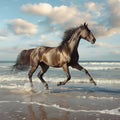 Beautiful brown horse gallops through the waves
