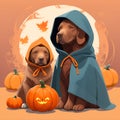 Beautiful brown Labrador retriever sitting next to some pumpkins and gourds. Dog in a costume, pumpkin in paw. Postcard for pet Royalty Free Stock Photo