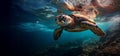 Beautiful Brown and Orange Turtle Close-up swimming just under the surface with a small deep and sunlight through the water - AI Royalty Free Stock Photo