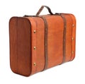 Beautiful brown stylish suitcase on white background