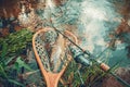 Beautiful brown trout in fishing landing net. Fishing principle of "catch and release Royalty Free Stock Photo